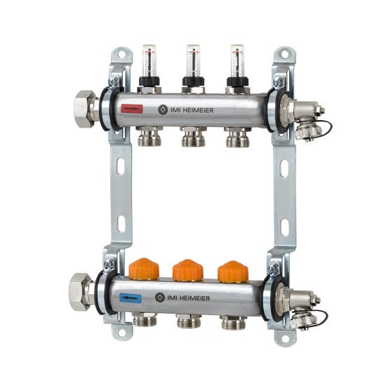 Razdjelnik inox 1 x EK s termostatskim ventilima (M30x1,5) s automatskom regulacijom protoka, mjeračima protoka (topmetrima), slavinama za punjenje i pražnjenje i nosačima Dynacon Eclipse HEIMEIER