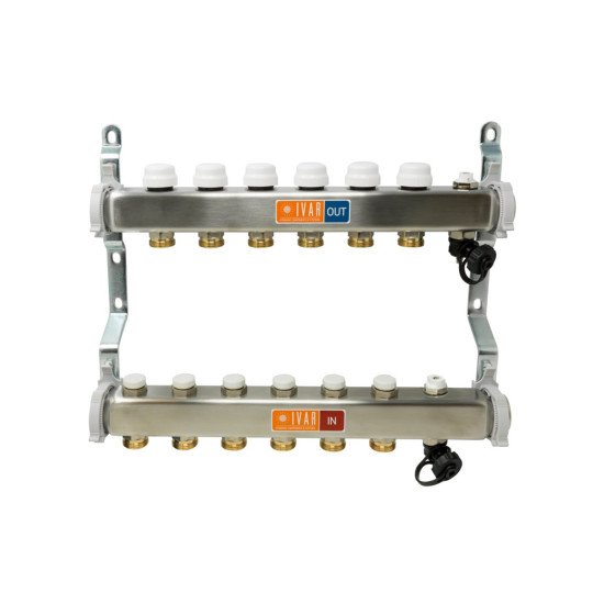Razdjelnik inox 1 s termostatskim ventilima (M30x1,5), mjeračima (i regulatorima) protoka (topmetrima) 0-2,5 L/min, slavinama za punjenje i pražnjenje, ozračnim/automatskim ventilima i nosačima CI 592 KC IVAR