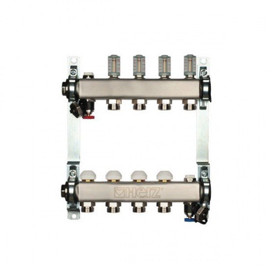 Razdjelnik inox 1 s termostatskim ventilima (M28x1,5), mjeračima (i regulatorima) protoka (topmetrima) 0-6 L/min, slavinama za punjenje i pražnjenje, ozračnim ventilima i nosačima HERZ